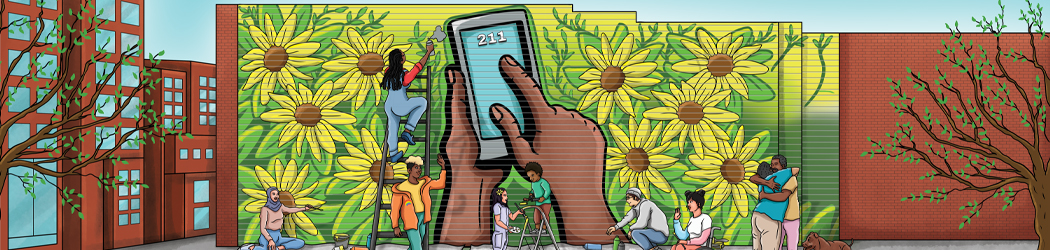 Illustration of a diverse group of people painting a mural of yellow flowers on a brick wall in a city. On top of the flowers, they've painted a set of hands holding a cell phone that shows the number 211 on the screen.