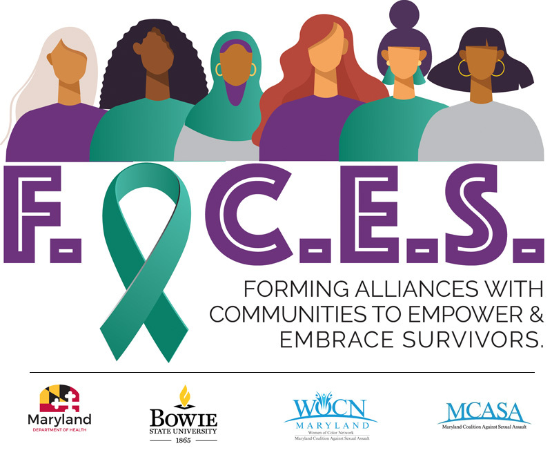 Maryland Women Color of Network Conference graphic with an illustration of a diverse group of women. Text reads: F.A.C.E.S- Forming Alliances with Communities to Empower & Embrace Survivors